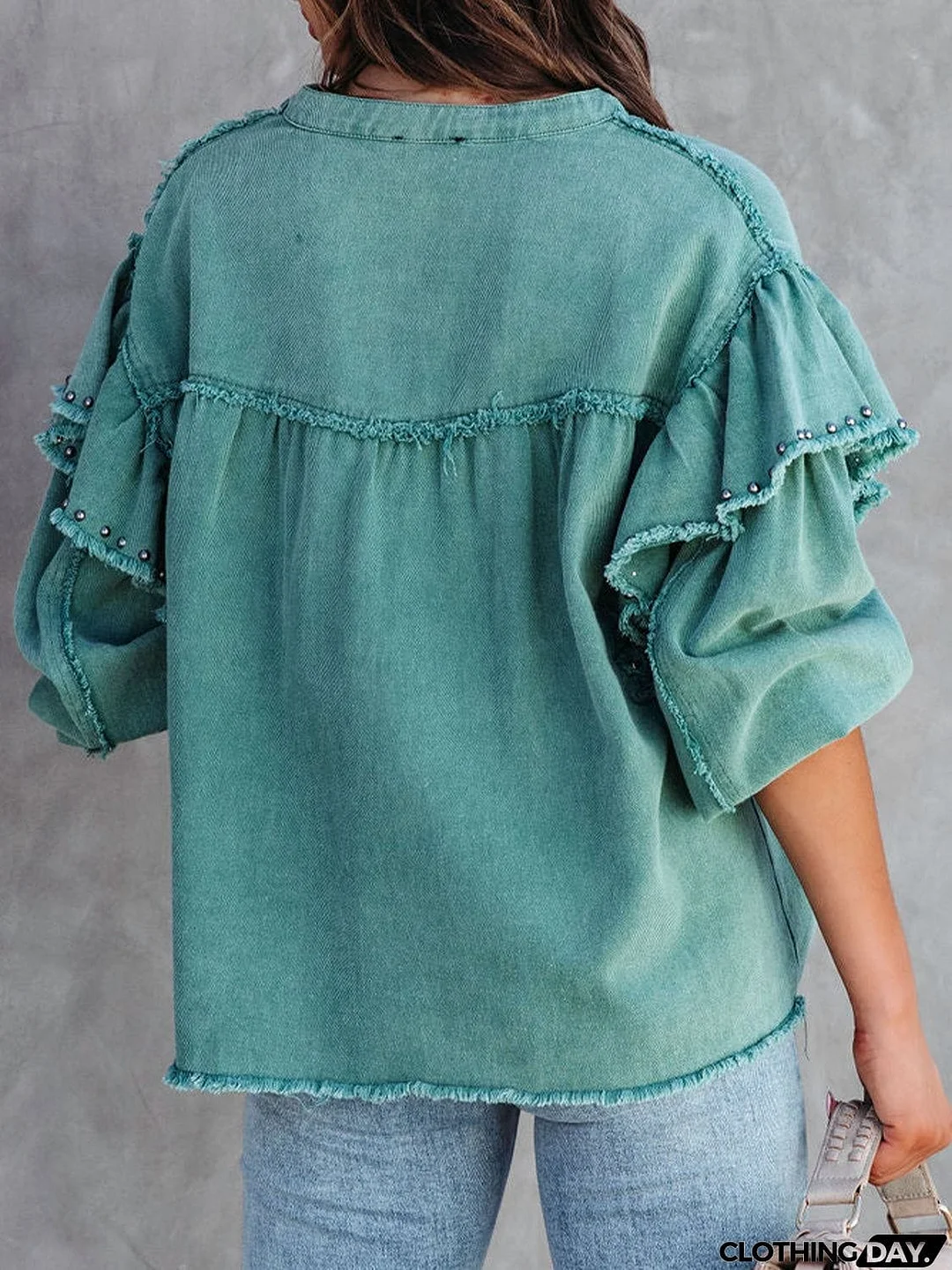 Button Down Raw Hem Denim Jacket