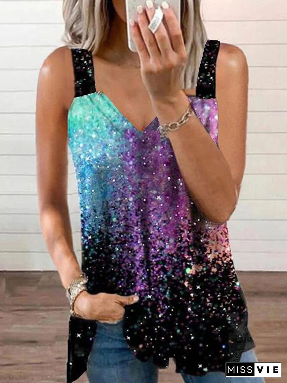 Casual Ombre Printed Loosen Spaghetti Tunic Knit Tops
