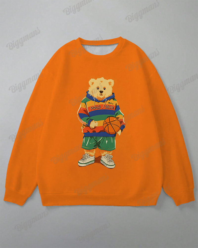 Men's Casual Orange Basketball Bear Letter Print Plus Size Sweatshirt Suit