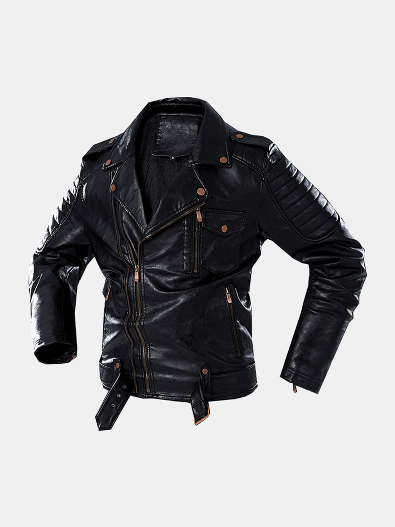 Mens Pocket Lapel Zip-Up Sashes PU Leather Jackets