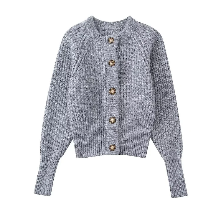 Retro Style Long Sleeve Single Breasted Grey Sweater