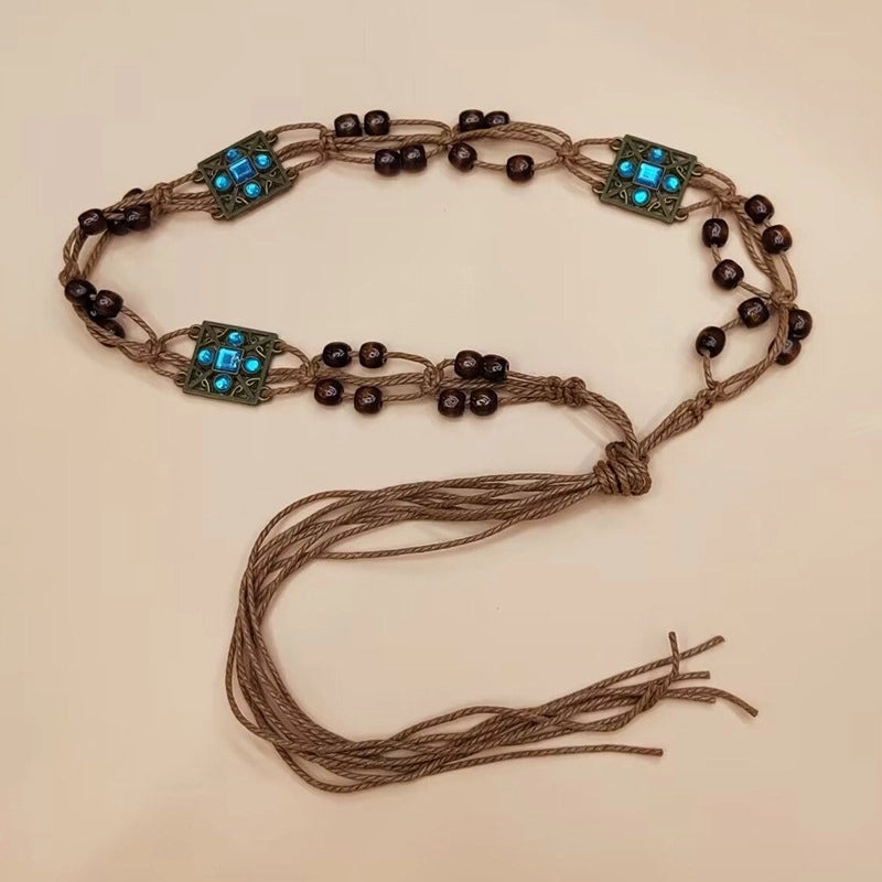 Ethnic Style Bohemian Butterfly Alloy Cotton And Linen Inlay Artificial Gemstones Women’s Woven Belts