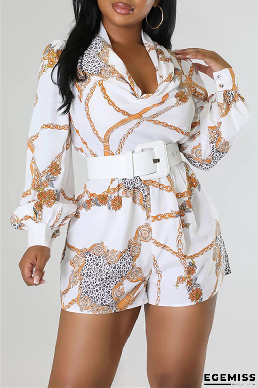 White Casual Print Patchwork O Neck Regular Long Sleeves Romper | EGEMISS