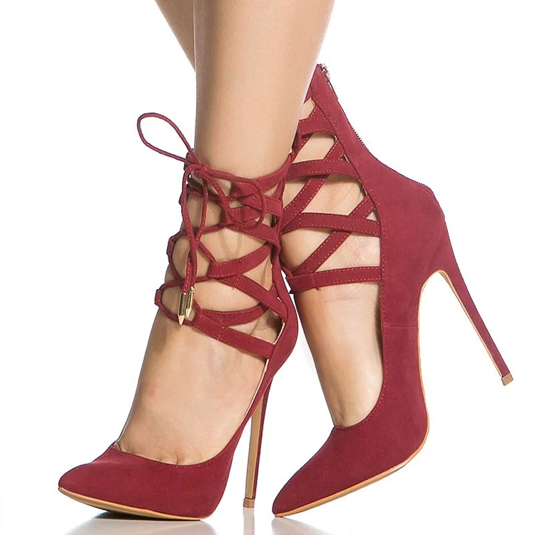 Red Strappy Heels Pointy Toe Lace up Vegan Suede Pumps Stiletto Heels |FSJ Shoes