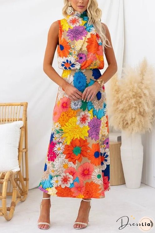 Meridress Sleeveless Tie Neck Waisted Floral Print Maxi Dress
