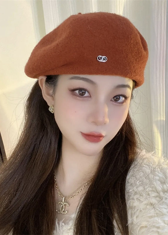 VCSHOES Rust Letter Patchwork Woolen Beret Hat