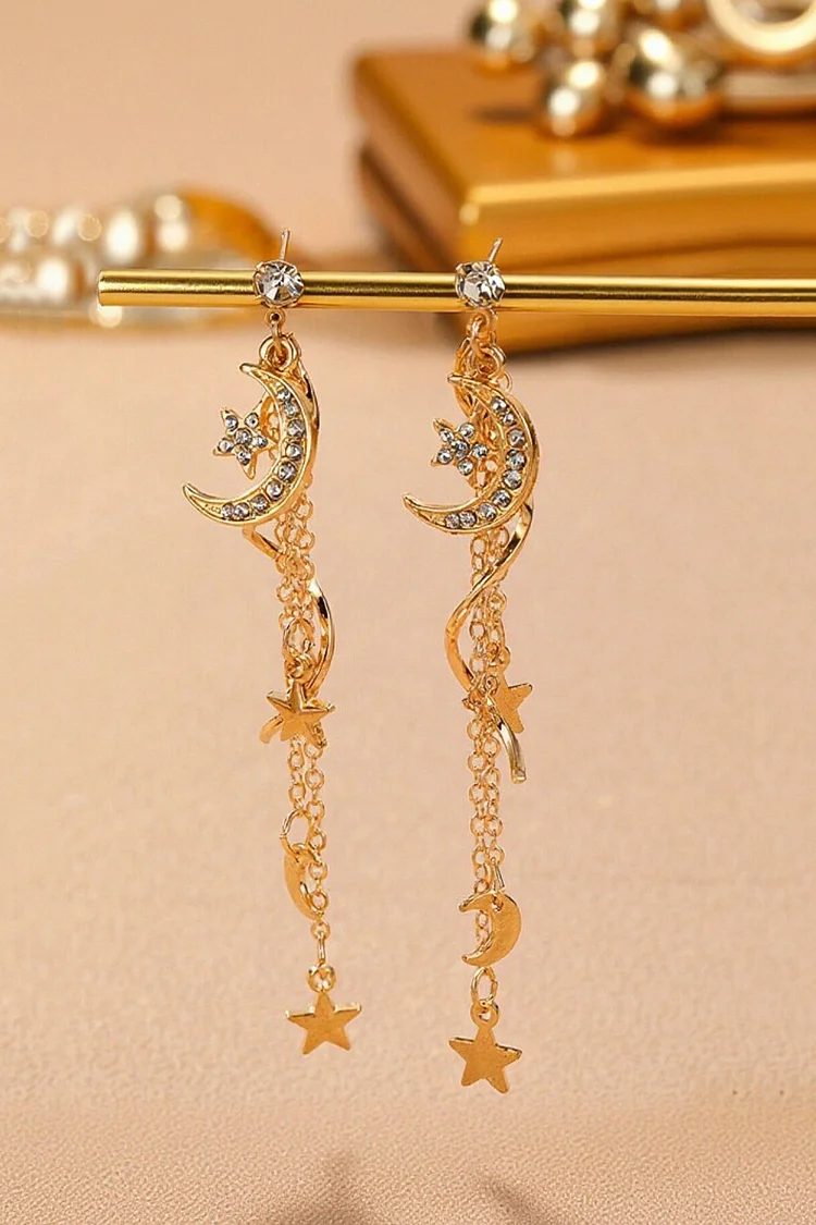 Fashion Moon Star Pattern Rhinestone Layered Chain Drop Earrings 2024 - Xpluswear