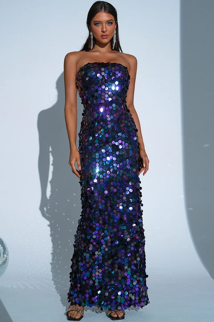 Strapless Sequin Bodycon Maxi Dress-Royal Blue