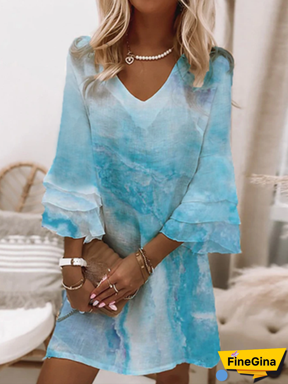Casual V neck Printed Three Quarter Woven Dress