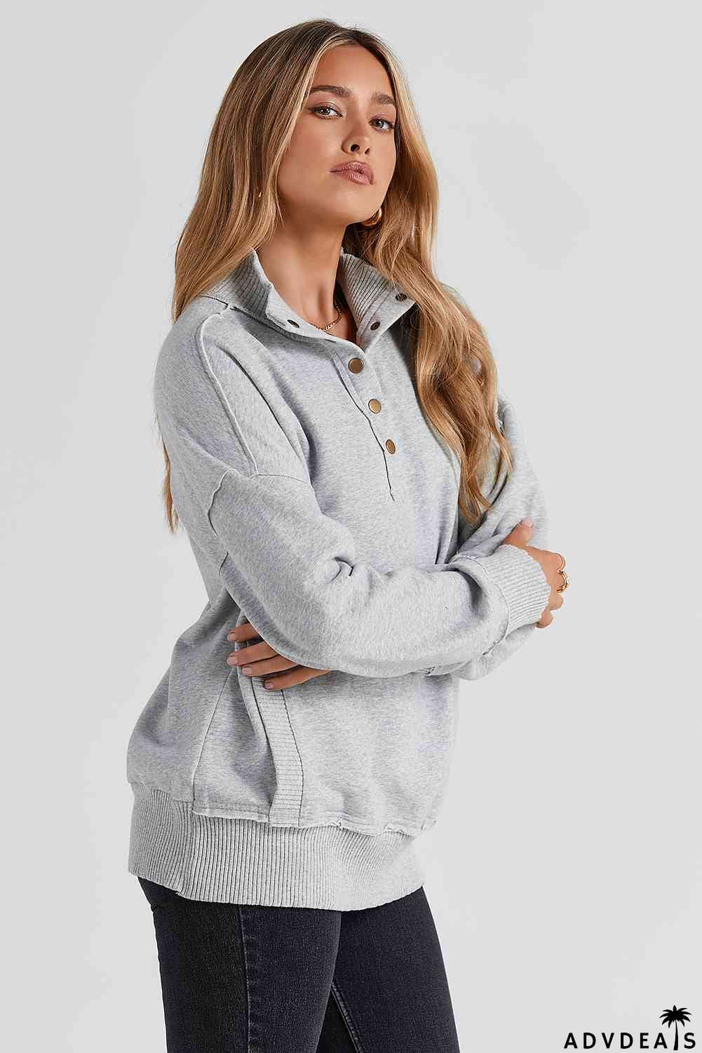 Half Snap Drop Shoulder Long Sleeve Sweatshirt