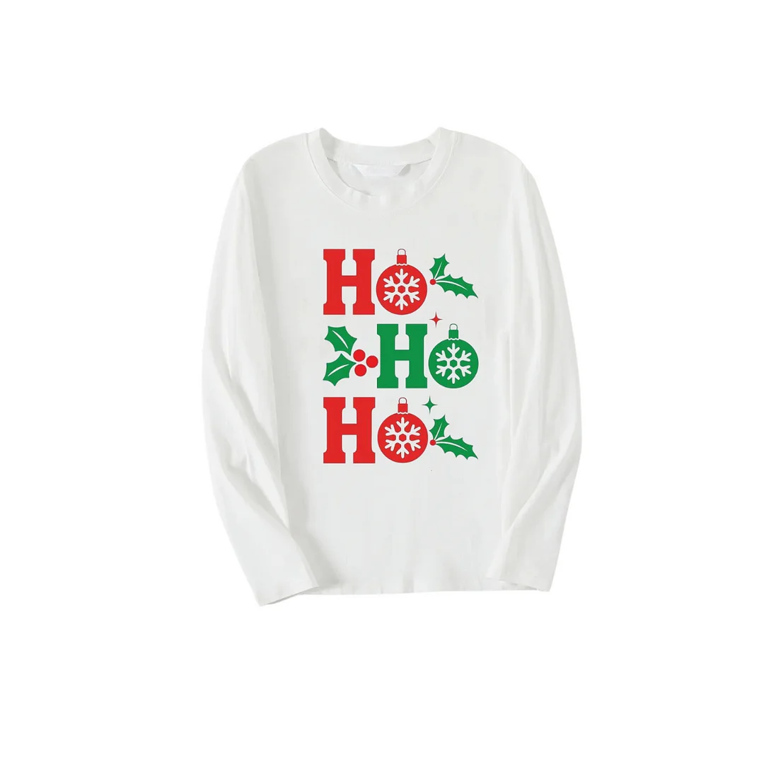 "HO HO HO" Letter Christmas 2024 White Long Sleeve Top with Red & Green Plaid Family Matching Pajamas