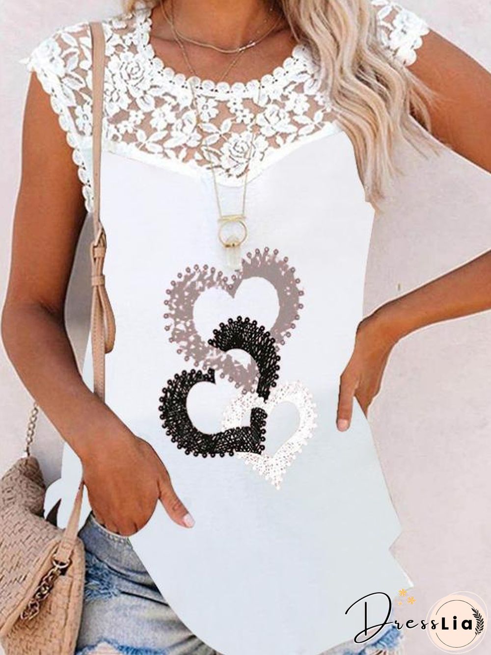 Lace Trim Printed Casual Short Sleeve Shirt