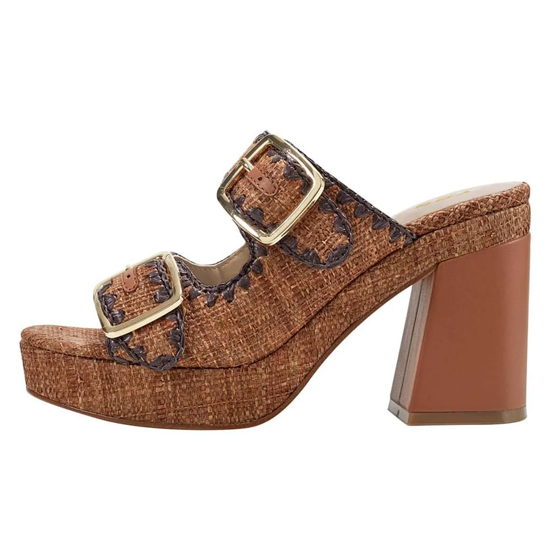Brown Chunky Heel Double Buckle Strap Open Toe Mules Sandals