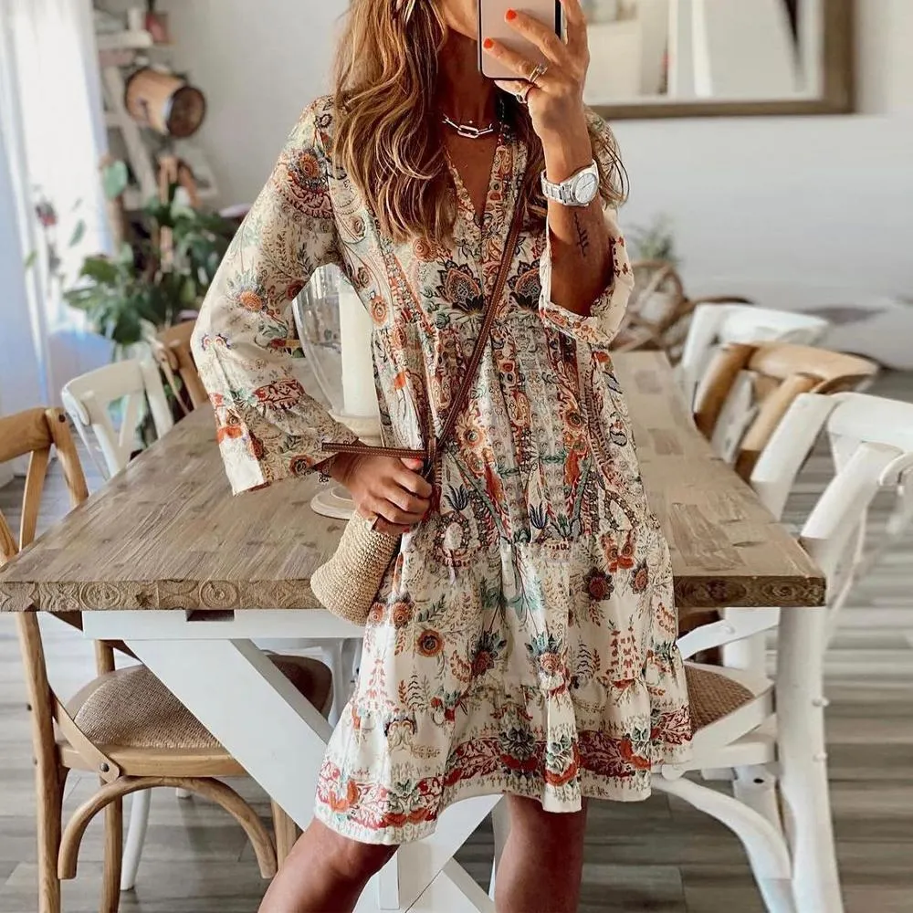 Retro Print V-Neck Long Sleeve Mini Dress-vocosishoes
