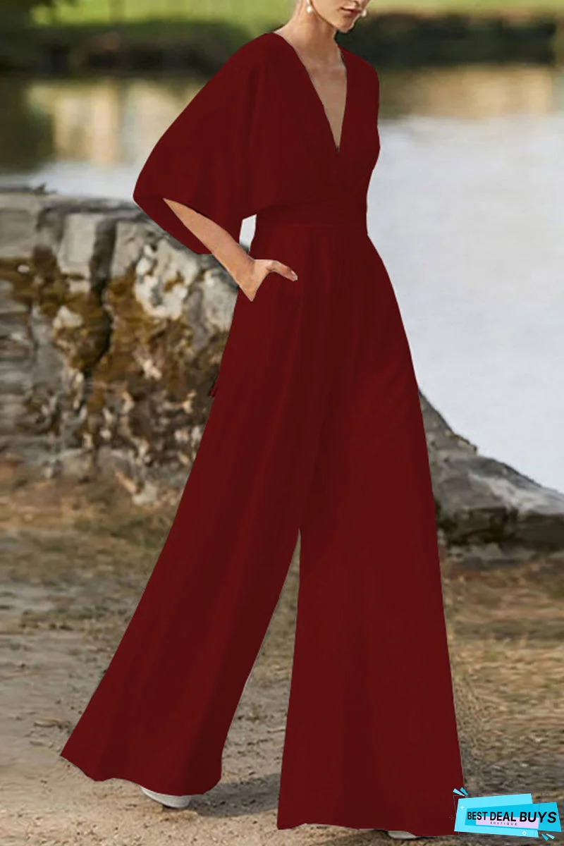 Elegant Solid Solid Color V Neck Boot Cut Jumpsuits(7 Colors)