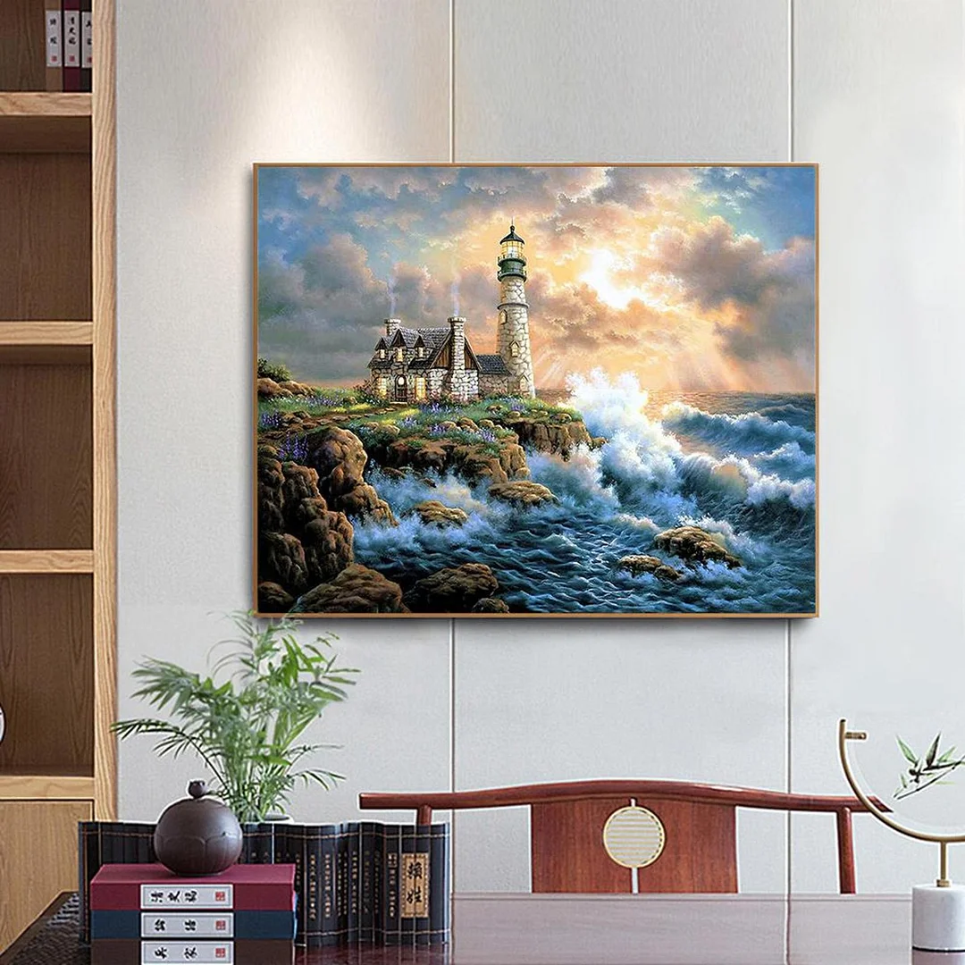 Full Cross Stitch 11CT Cotton Thread DIY Seaside Lighthouse Printed Crafts