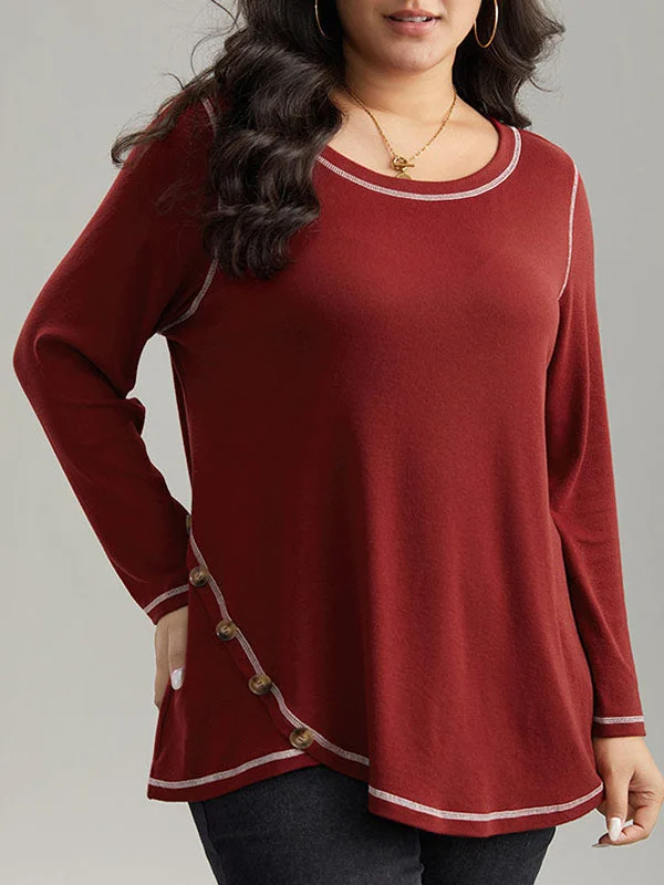 Asymmetric Buttoned Long Sleeves Loose Round-Neck T-Shirts Tops