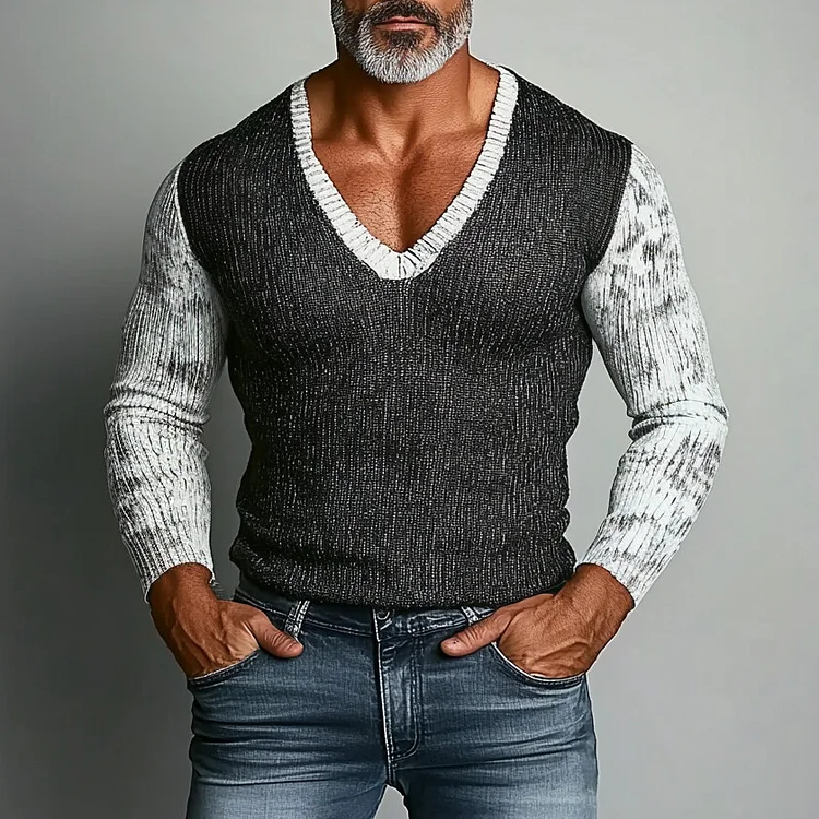 Men's Patchwork Knit V Neck Long Sleeve Top