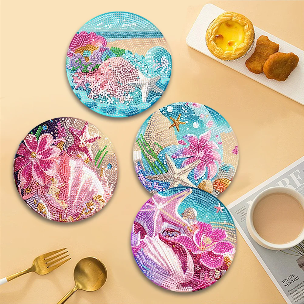 4pcs DIY Beach Starfish Acrylic Diamond Painting Placemats Kitchen Dish Mat with Holder