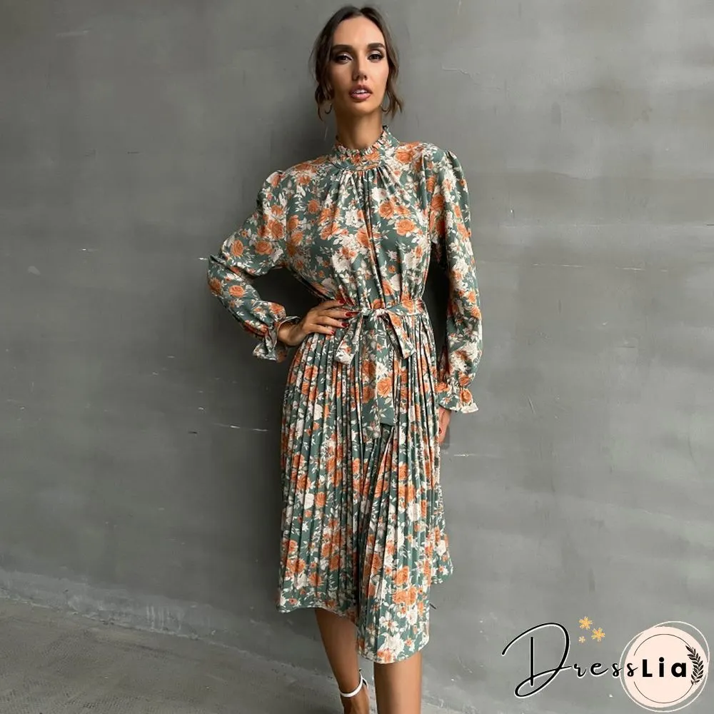 Flare Sleeve Floral High Neck Temperament Waist Dress