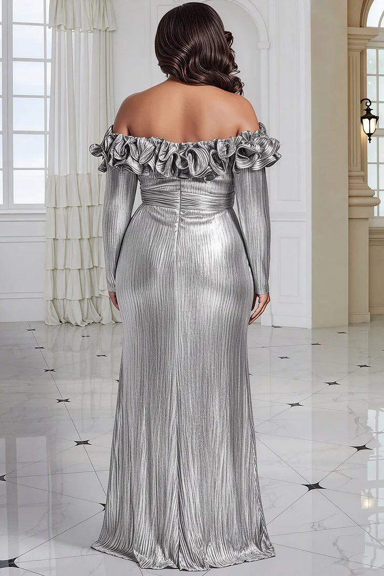 Xpluswear Design Plus Size Formal Silver Off The Shoulder Long Sleeve Ruffle Elegant Split Glitter Maxi Dresses [Pre-Order]