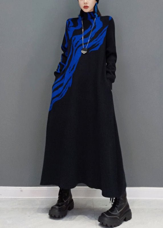 Women Blue Turtle Neck Knit long Dress