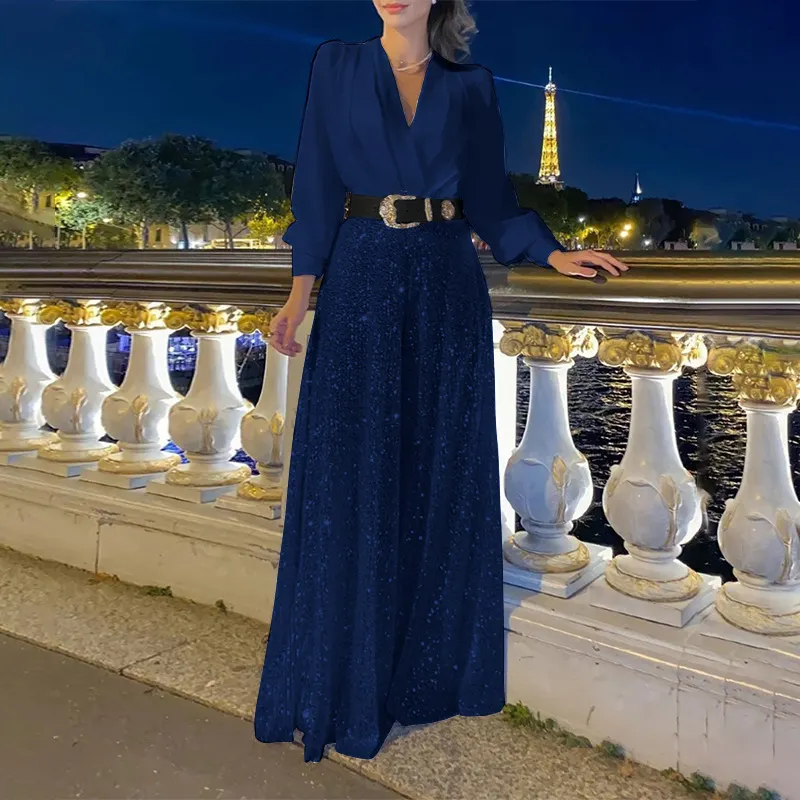 Uveng Uveng Buy Through The New Fashion V-Neck Long-Sleeved Shirt Temperament Elegant Waist Display Thin Bright Leg Pants