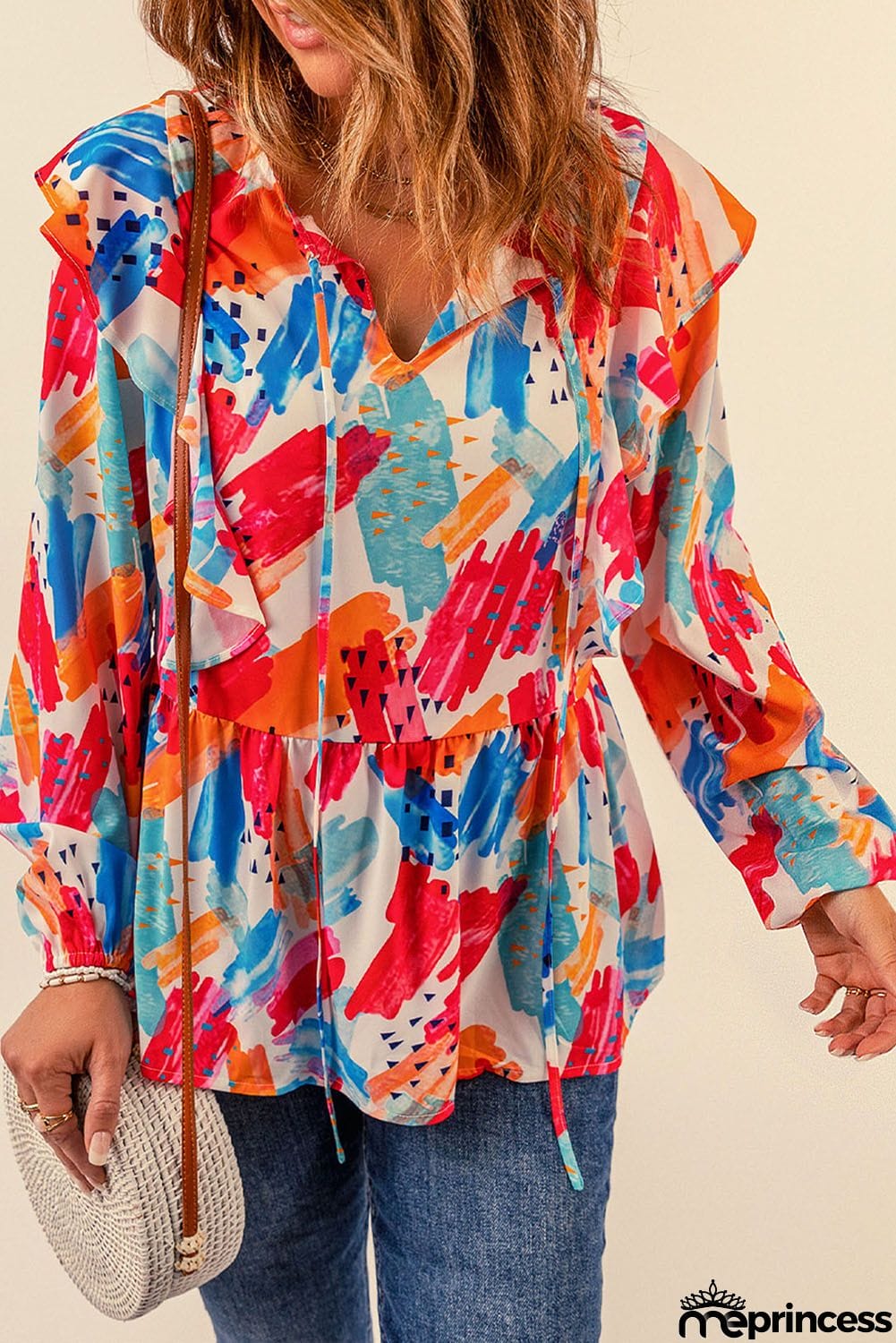 color Paint Print Ruffled Detail Loose Blouse