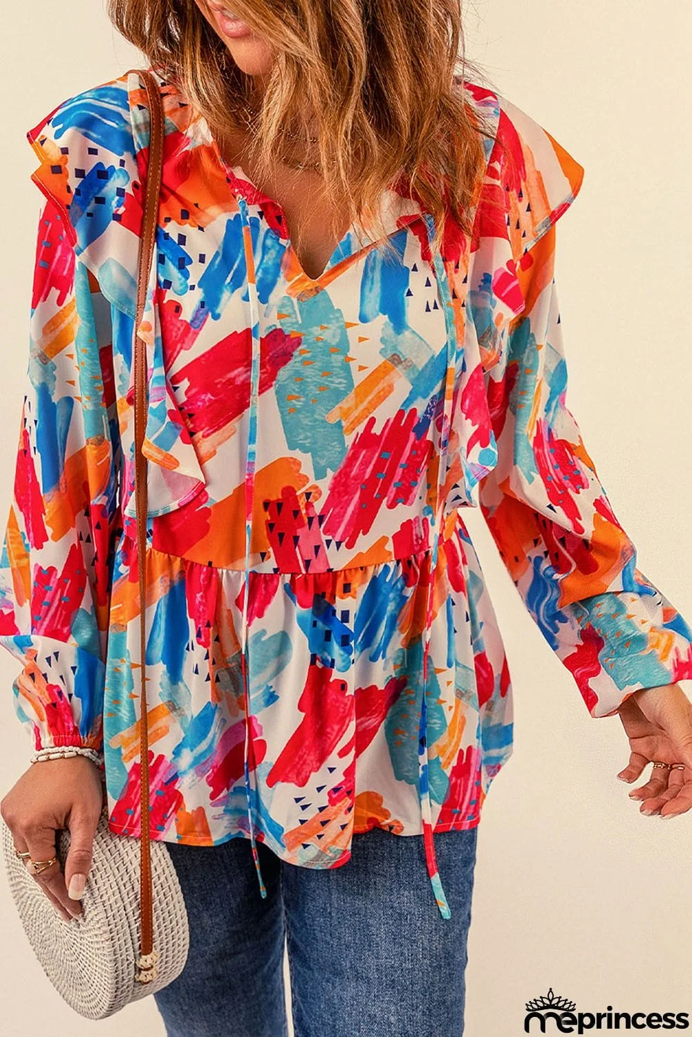 color Paint Print Ruffled Detail Loose Blouse