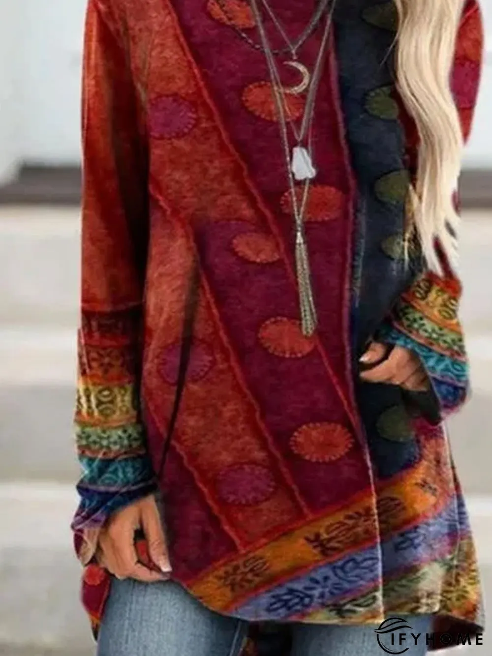 Long Sleeve Patchwork Round Neck Tunic T-Shirt | IFYHOME