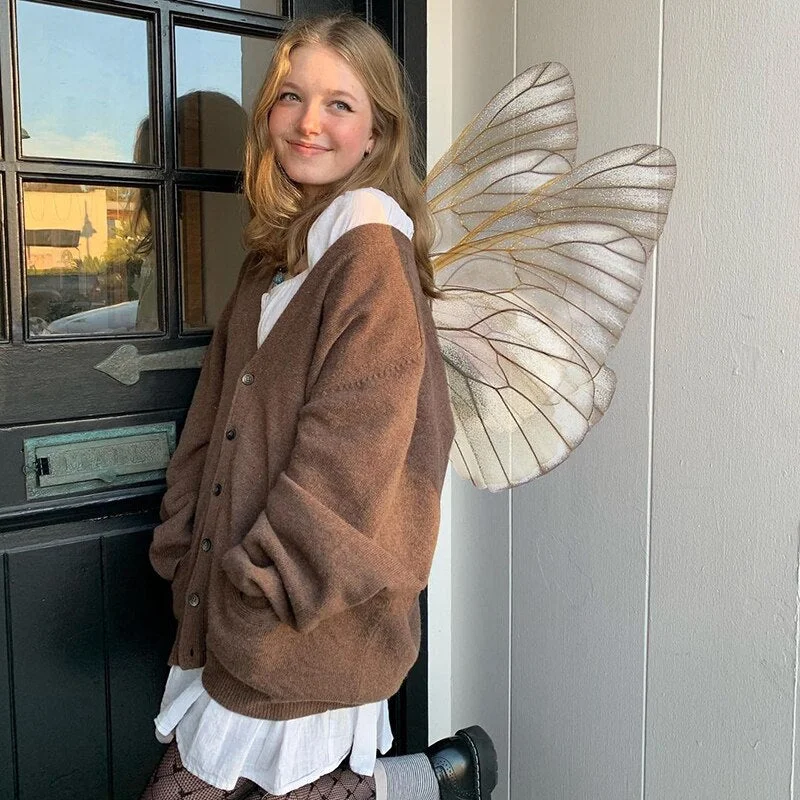 Autumn Loose Brown Grunge Sweaters Button Up Vintage Solid Harajuku V-neck Cute Cardigans Aesthetic Kawaii Outfits Cuteandpsycho