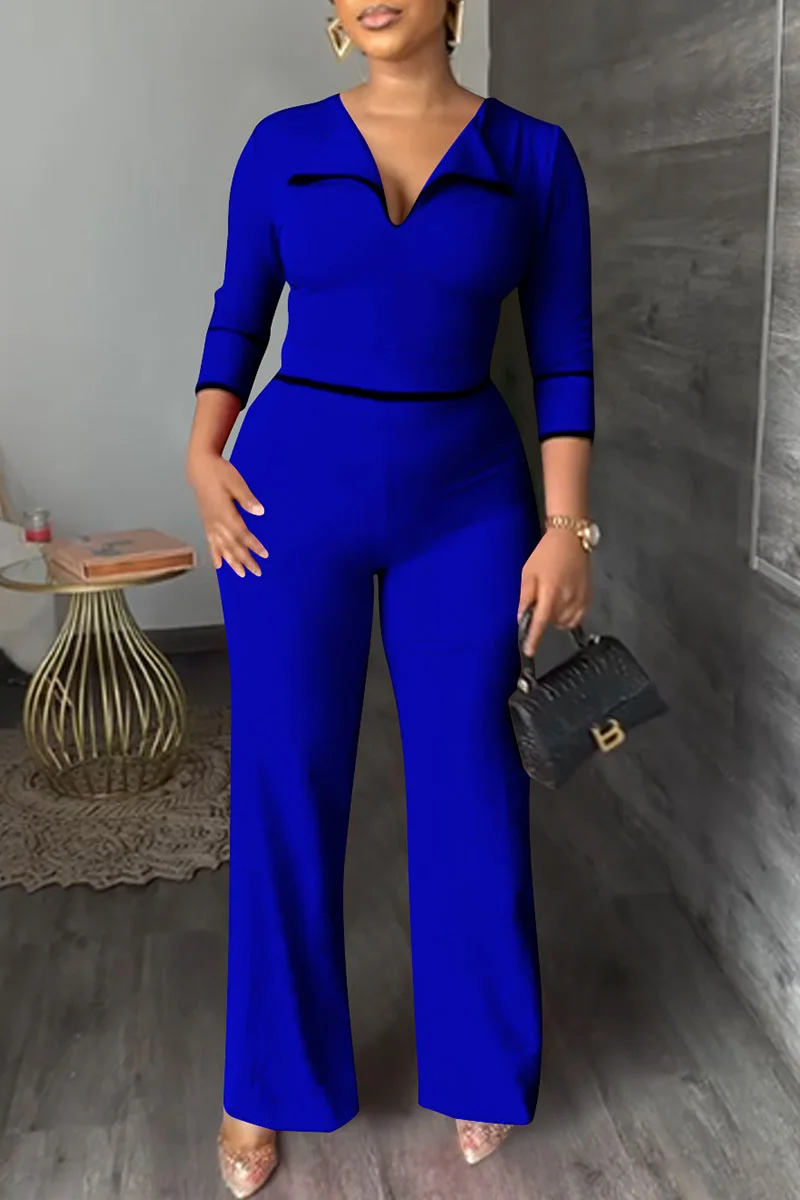 Blue Fashion Casual Solid Patchwork Turndown Collar Regular Jumpsuits