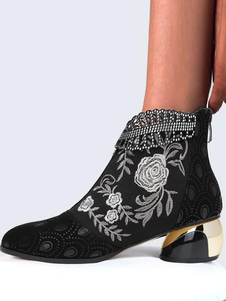 Floral Embroidery Rhinestone Decor Chunky Heeled Boots