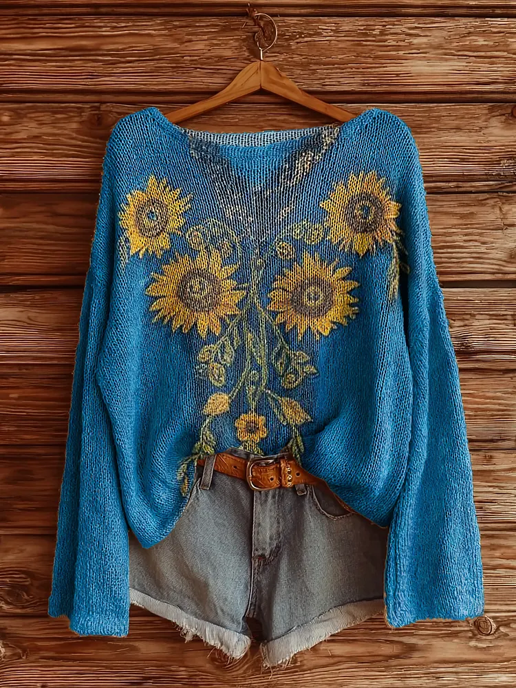 Women's Vintage Ethnic Floral Art Print Casual Pullover Sweater