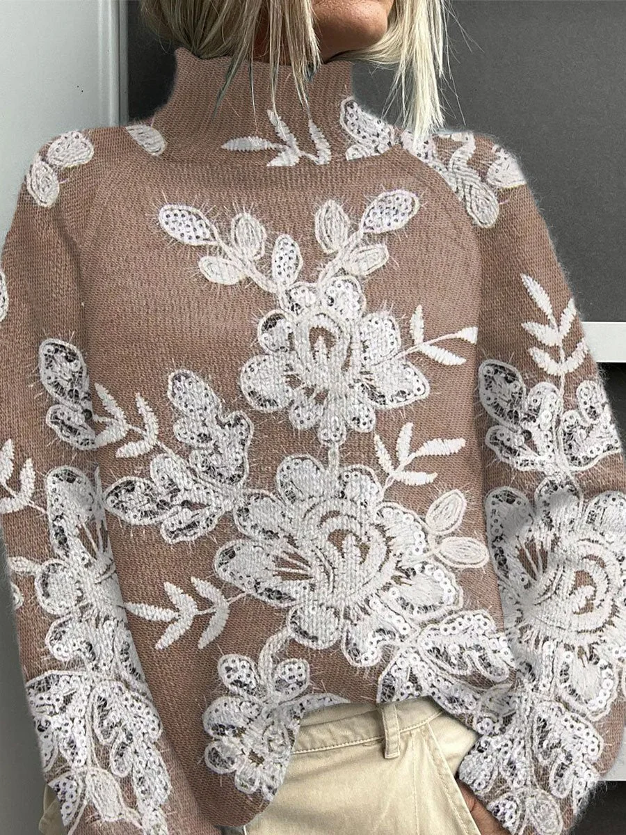 Vintage Lace Printed Knit Turtleneck Pullover Sweater
