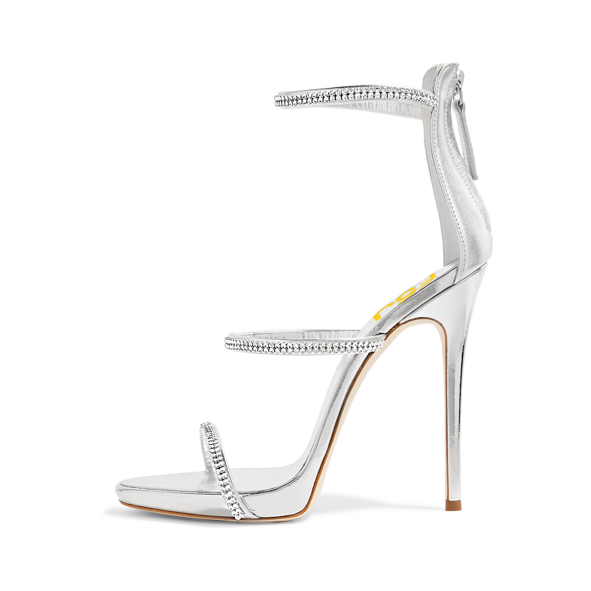 Silver Metallic Evening Shoes ThreeStrap Rhinestone Sandals for Prom