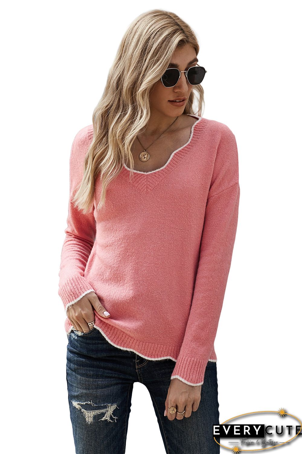 Pink Wavy V-neck Sweater