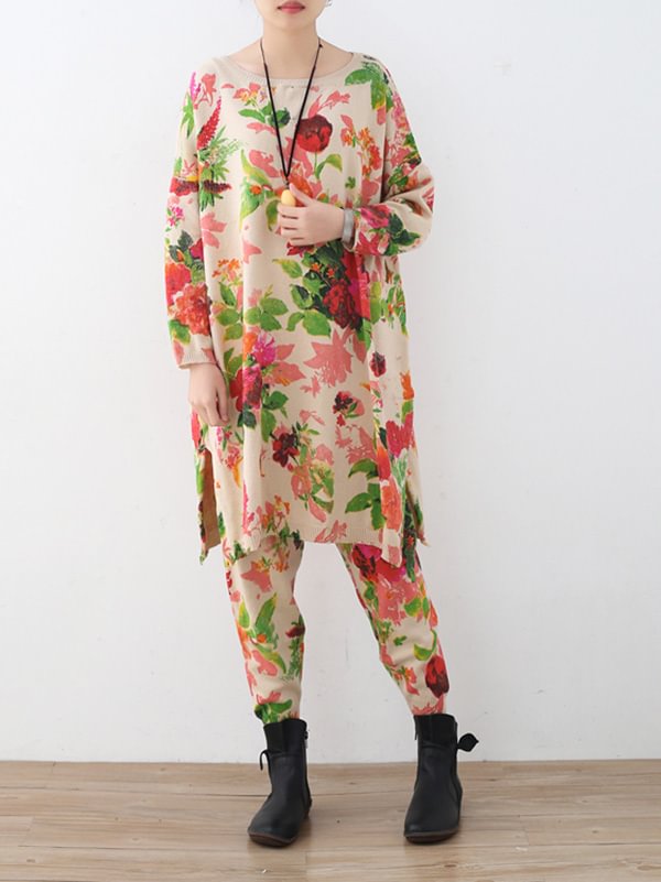 Two-Pieces Print Loose Knitting Sweatshirt And Pants Suit