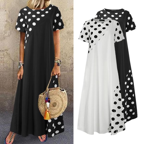 Womens Summer Polka Dot Long Dress Kaftan Short Sleeves Patchwork Casual Loose Maxi Dress Plus Size - BlackFridayBuys