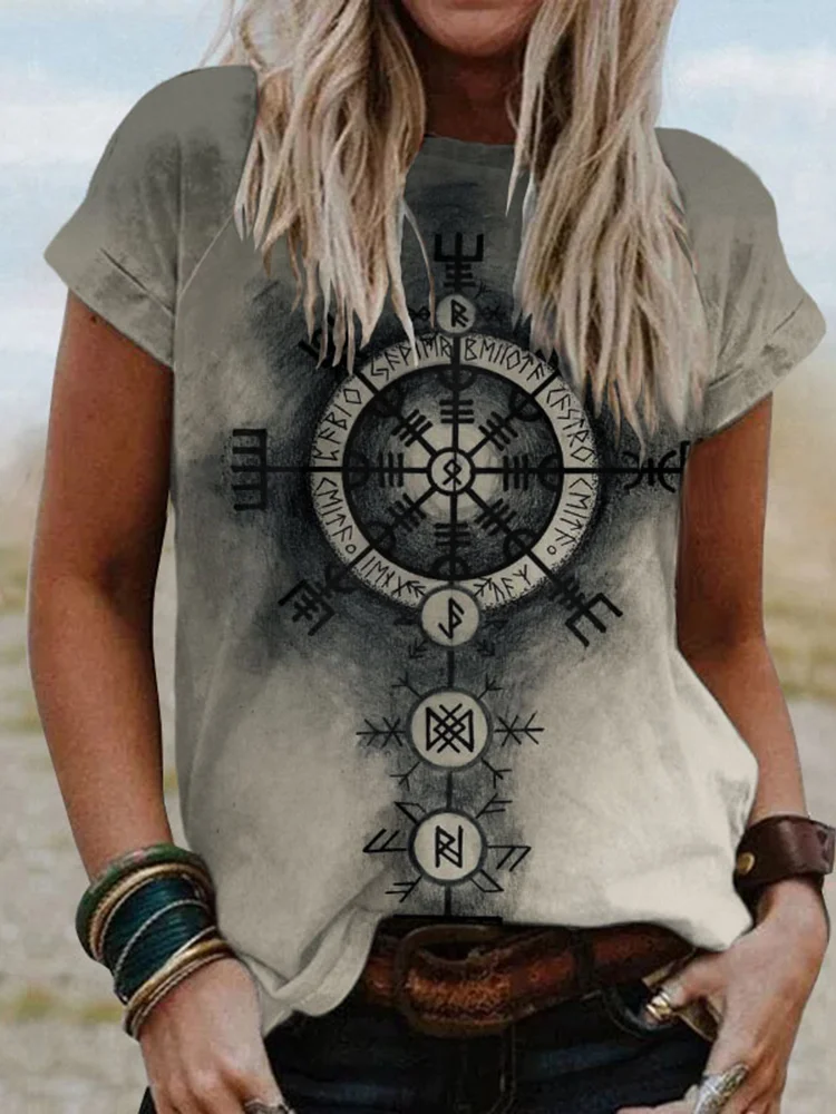 Tribal Viking Totem Print Short-Sleeved T-Shirt