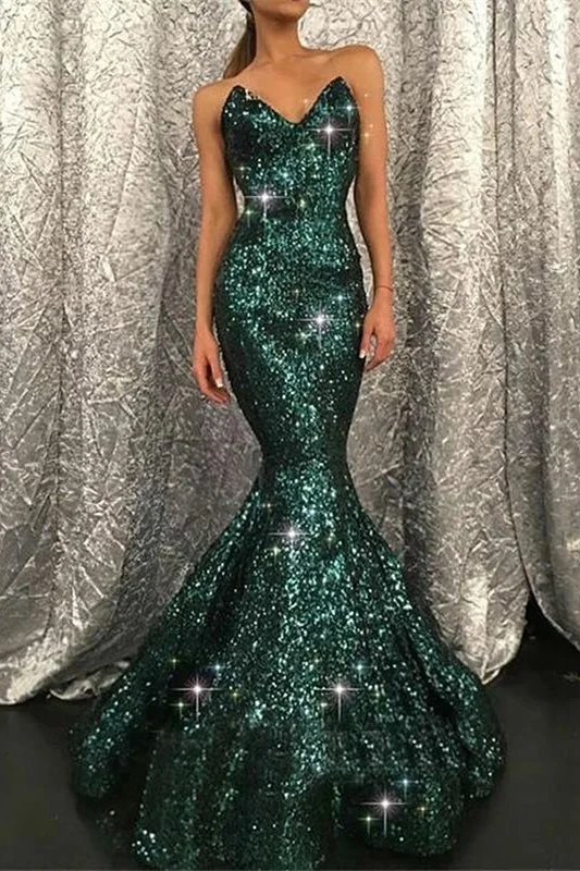 Dark Green Sweetheart Mermaid Sequins Prom Dress Long - lulusllly