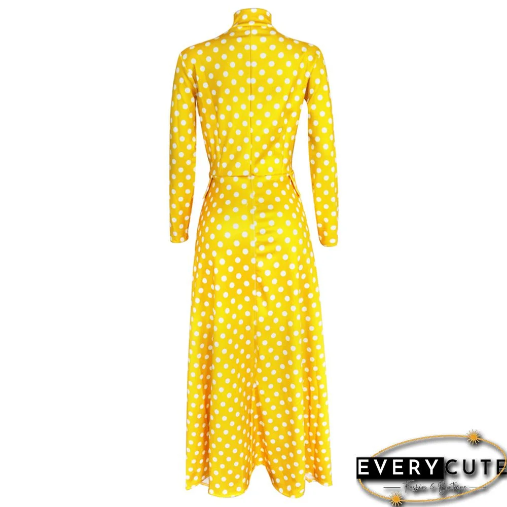 Yellow Polka Dot Front Zipper Casual Dress