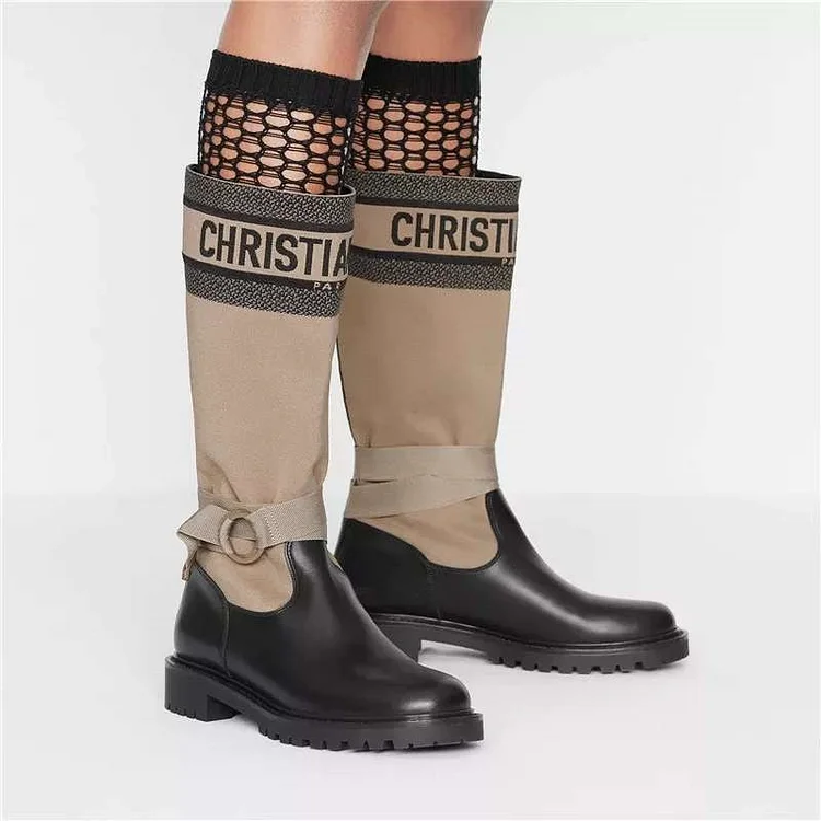 Coachella Ankle Boots Autumn and Winter Embroidery Boots Chunky Heel Letters Figure Flattering High Leg Boot