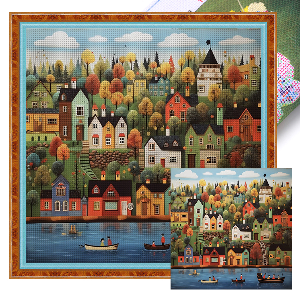 Colorful Houses On The Shore Full 14CT Pre-stamped Canvas(50*50cm) Cross Stitch