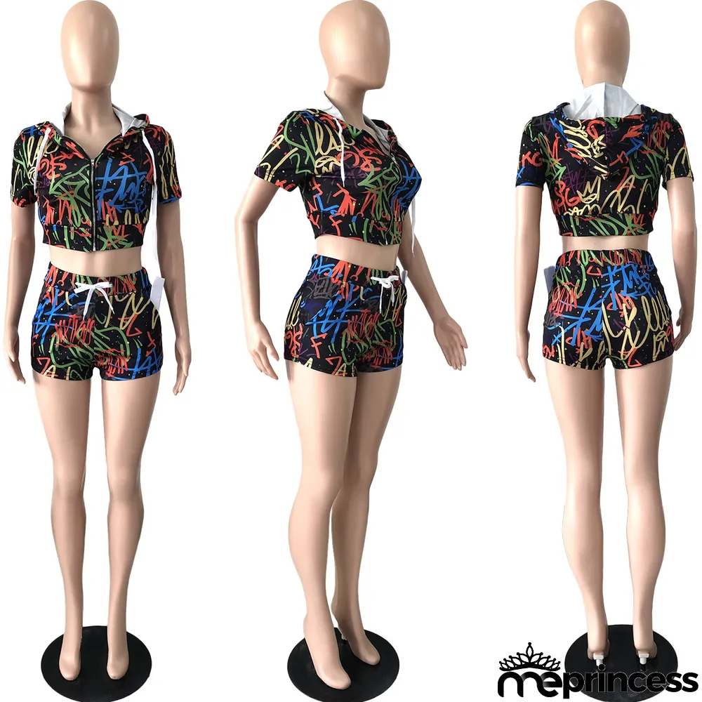 Graffiti Print Hooded Two Piece Shorts Sets