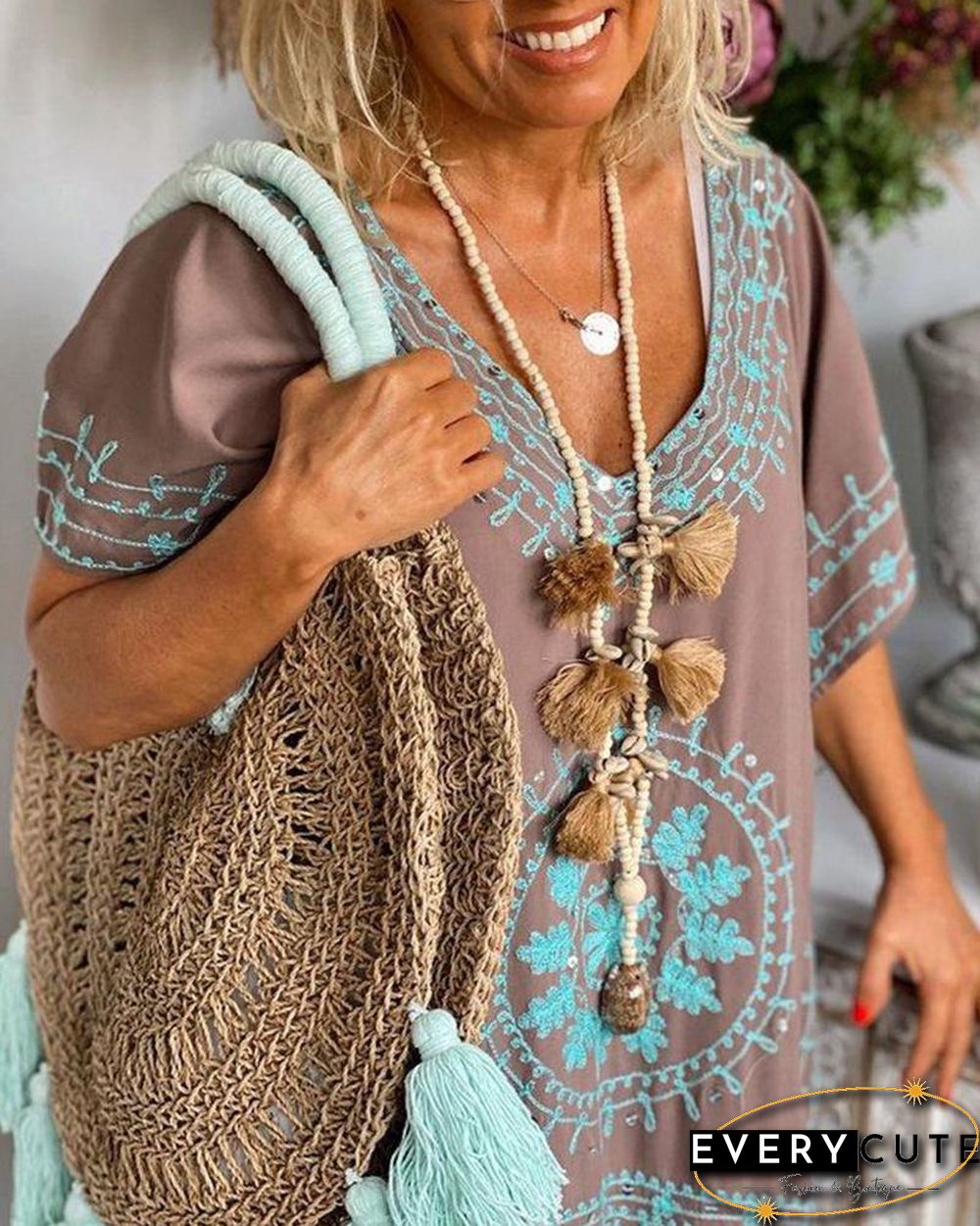 Retro Geometric Pattern Split Hem Loose Maxi Dress P14355