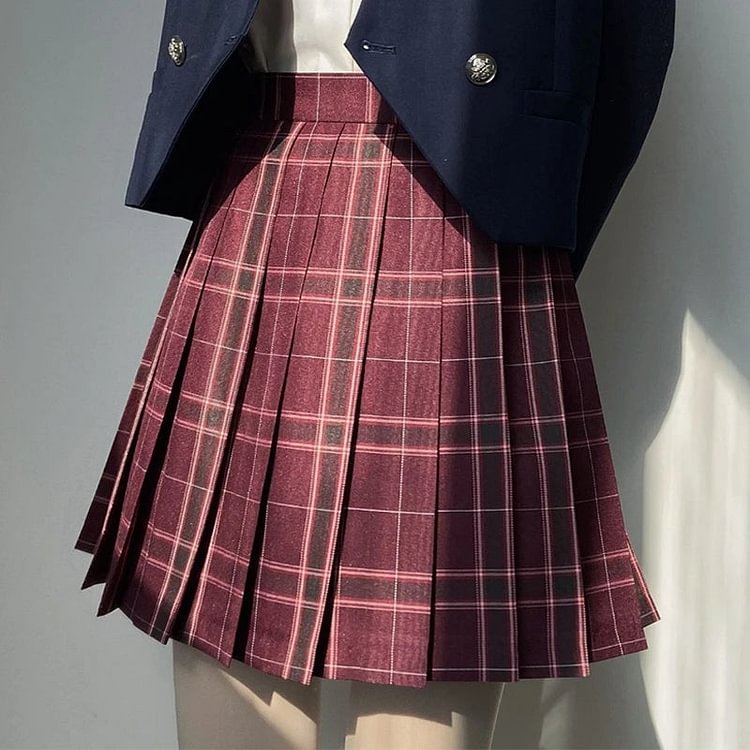 Red Plaid Pleated College Style High Waist Skirt