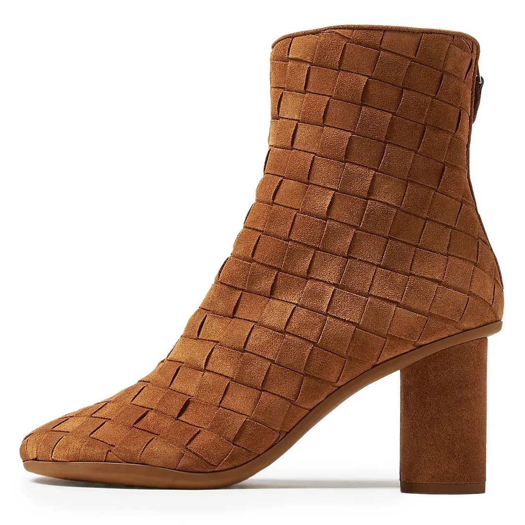 Brown Vegan Suede Cylinder Heel Woven Zipper Booties for Women