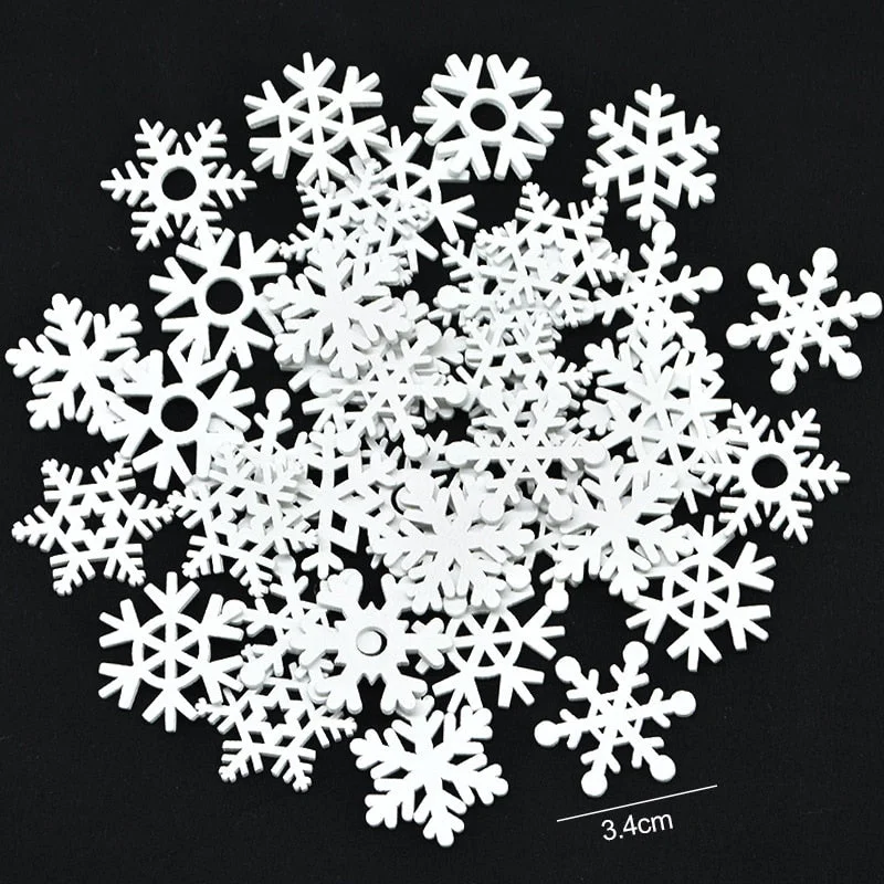 50pcs Mix Shape White Wooden Snowflakes Christmas Ornaments Xmas Tree Wood Pendant New Year Christmas Decorations for Home 2021