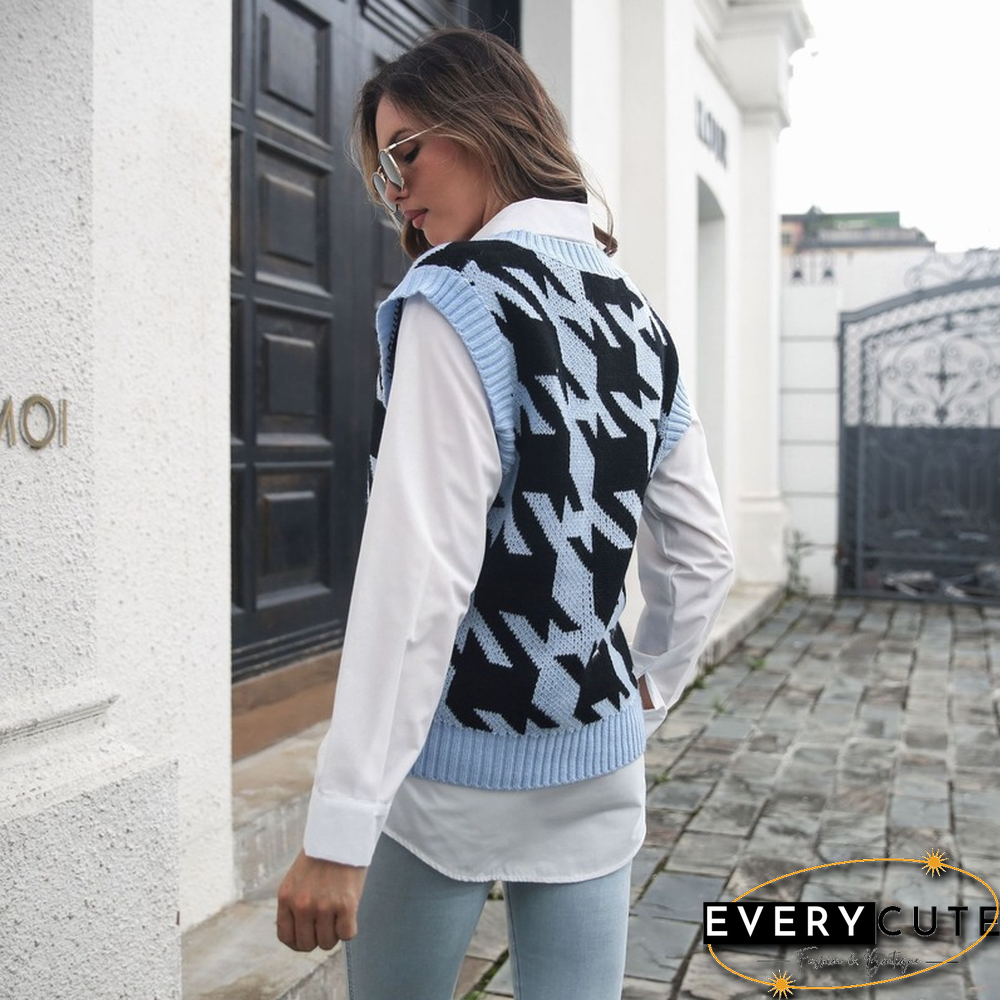 Houndstooth V-neck Vest Sweater Women's Tank Tops Outer Wear Inner Autumn And Winter Knitted Sweaters New Sweater